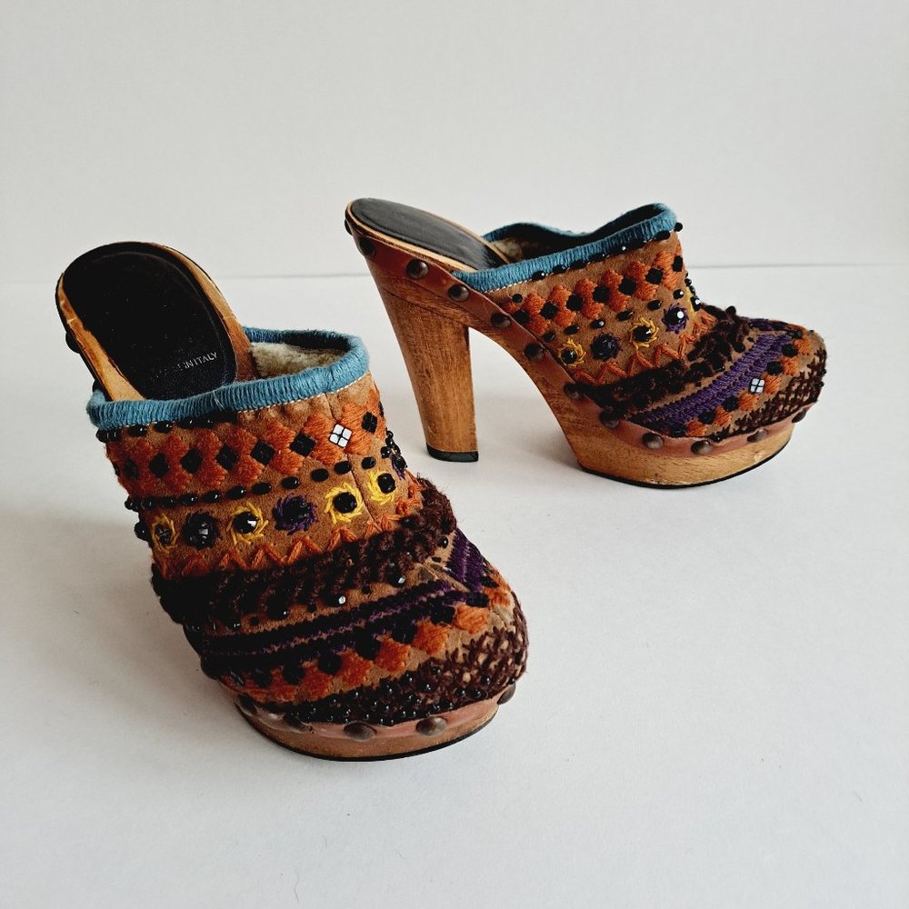 Miu Miu Winter Suede Camel Fur Brown Wooden Sole Shoes Size 35.5